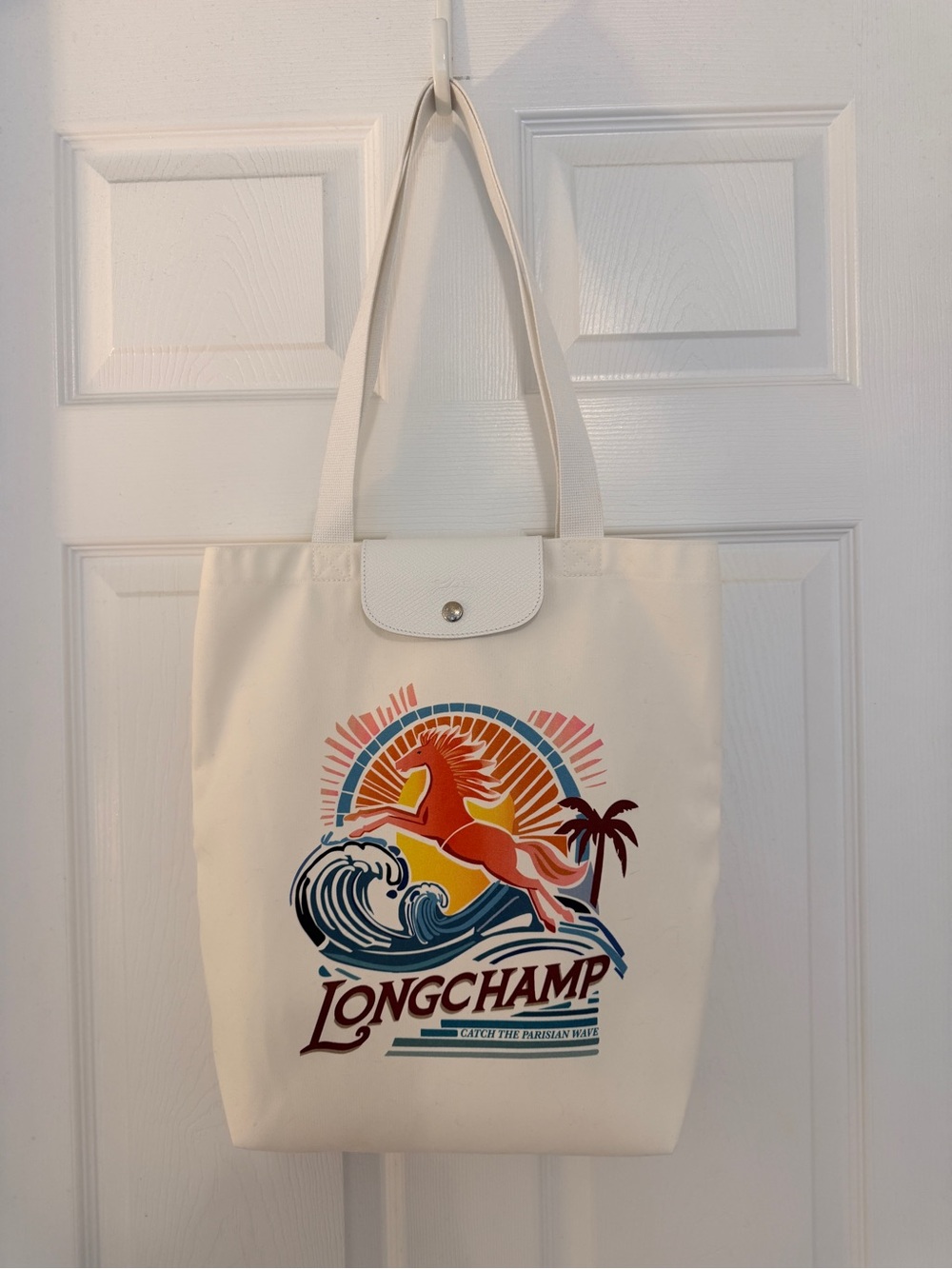 Longchamp Cream Canvas Tote with Sunset Horse Graphic